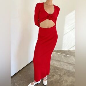 Red Ribbed Knitted Maxi / Midi Skirt